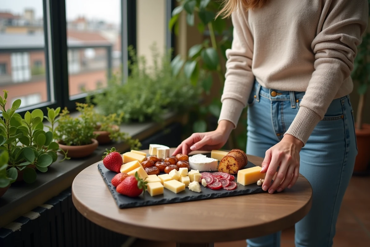 Jeune femme arrangeant un plateau de fromages sur une terrasse urbaine
