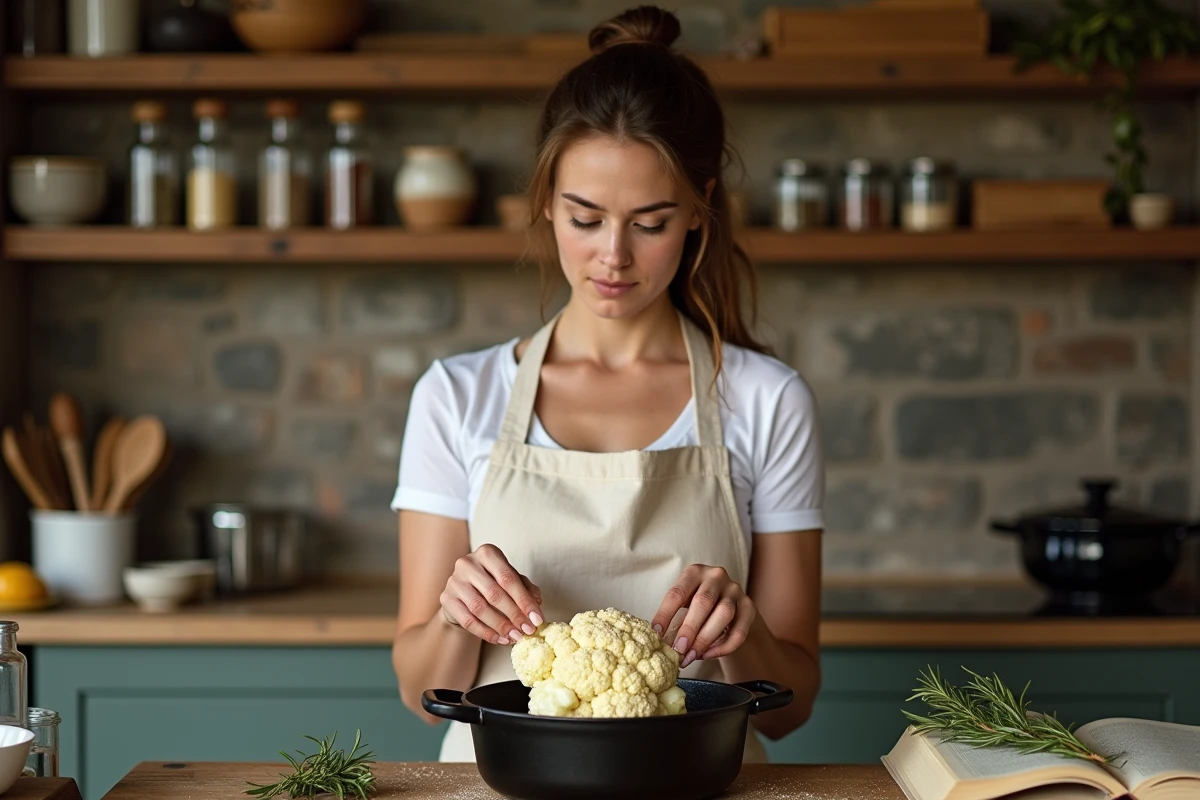 Femme préparant un chou-fleur assaisonné avant cuisson au four dans une cocotte en fonte