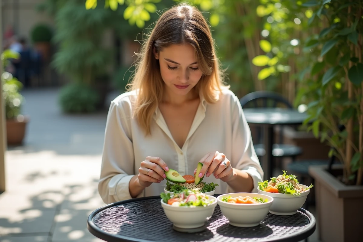 Femme préparant un bol équilibré sans cuisson avec saumon, avocat et quinoa en terrasse l'été