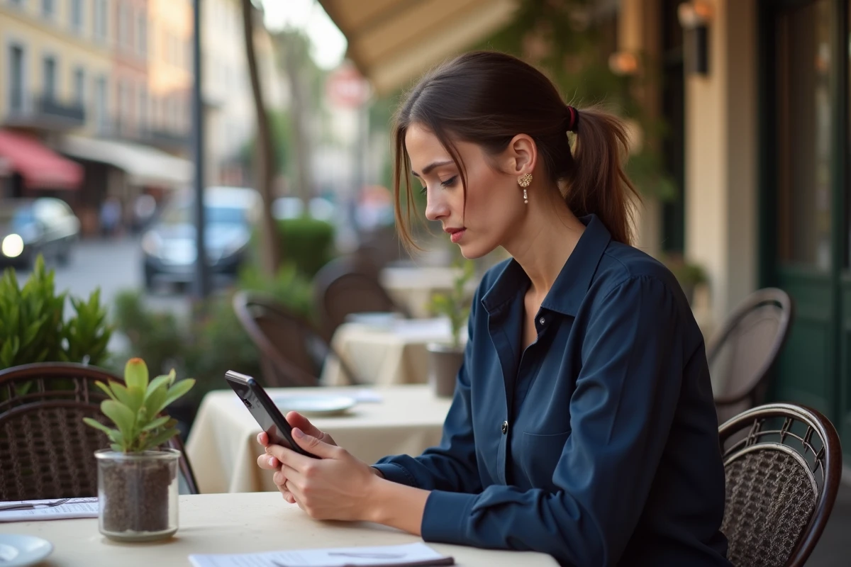 Jeune femme lisant une critique sur son smartphone en terrasse