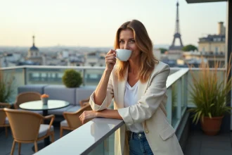 Femme élégante sur un rooftop parisien en été