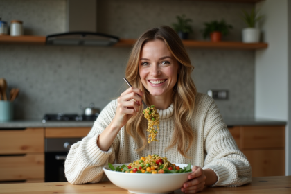 Femme souriante dégustant une salade de quinoa dans la cuisine