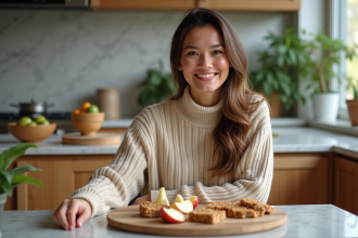 Femme souriante dans la cuisine avec snacks sans sucres