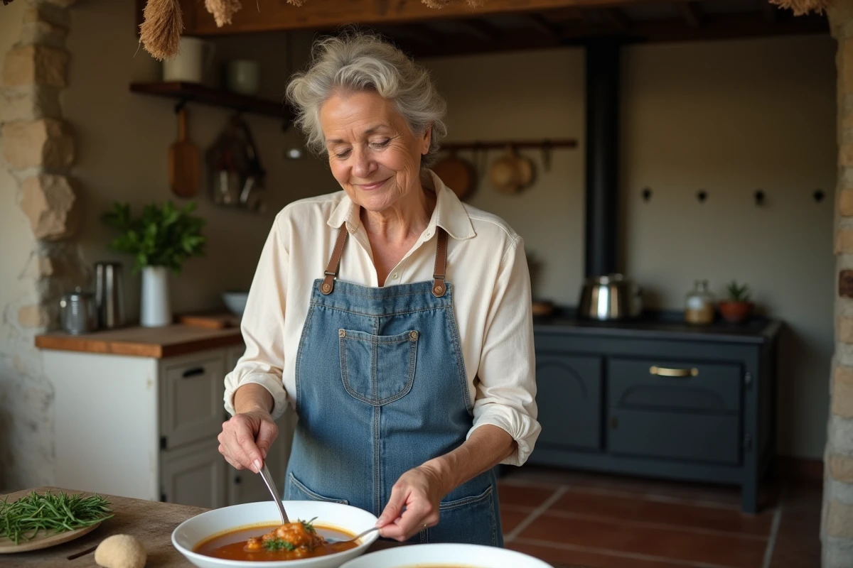 Femme servant une pot&eacute;e au chou et carottes dans un bol dans une cuisine rustique