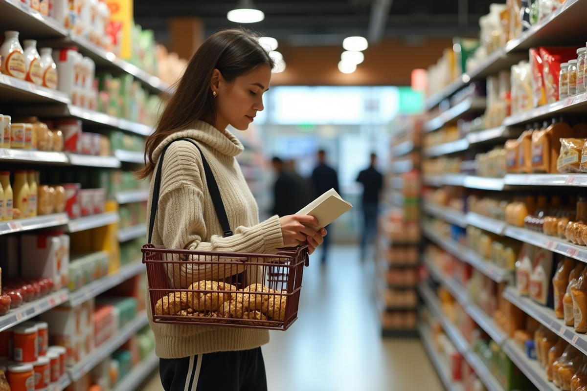 Femme faisant ses courses dans une épicerie avec panier de produits