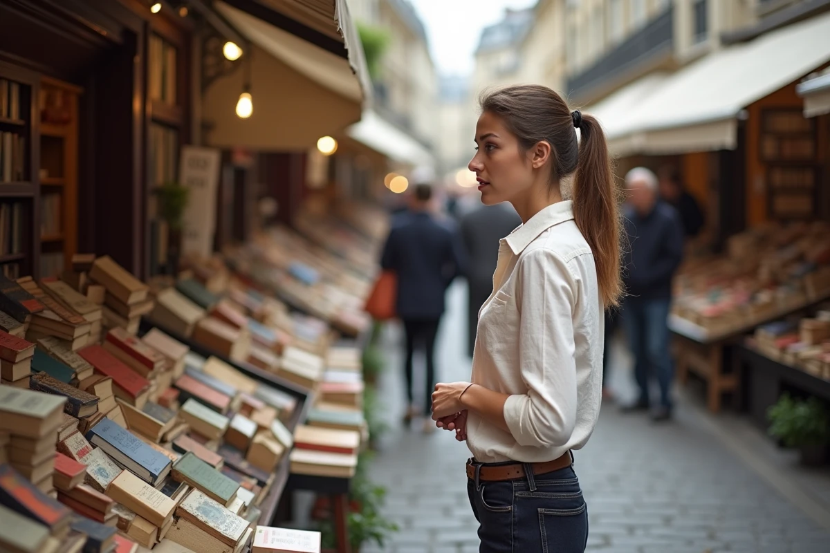 Jeune femme regarde étal de livres anciens en plein air
