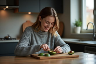 Femme souriante tranchant un avocat dans la cuisine