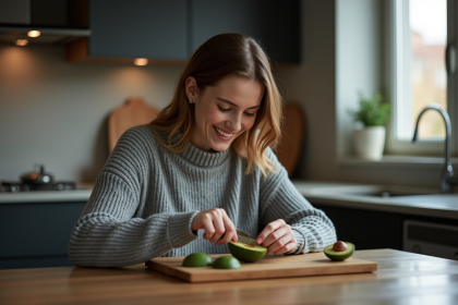 Femme souriante tranchant un avocat dans la cuisine