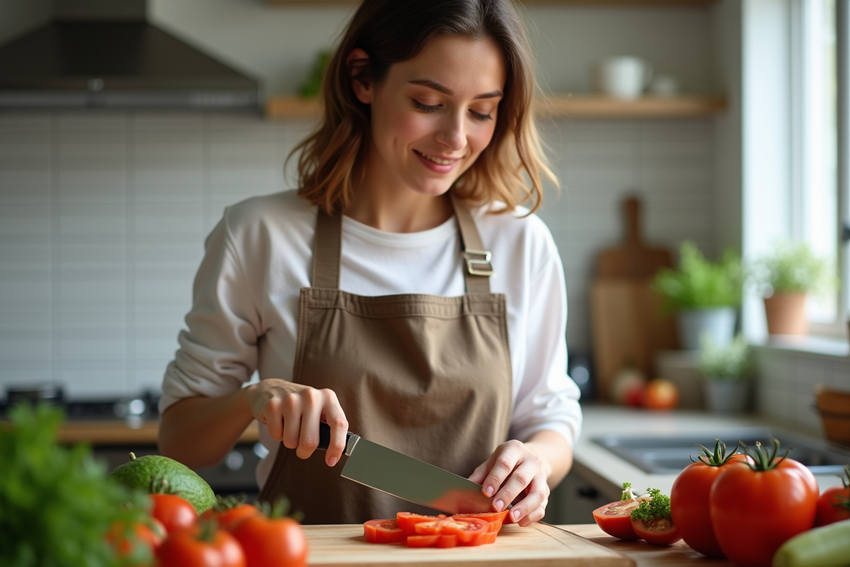 Jeune femme tranchant des tomates dans une cuisine lumineuse