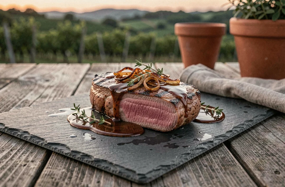 Filet de chevreuil grillé au barbecue tranché et servi sur une ardoise avec sauce réduite et thym frais, sur une table en chêne extérieure avec fond de vignoble flou