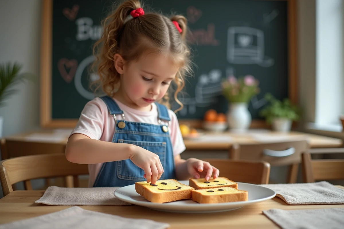 Jeune fille arrangeant des toasts souriants dans une salle lumineuse