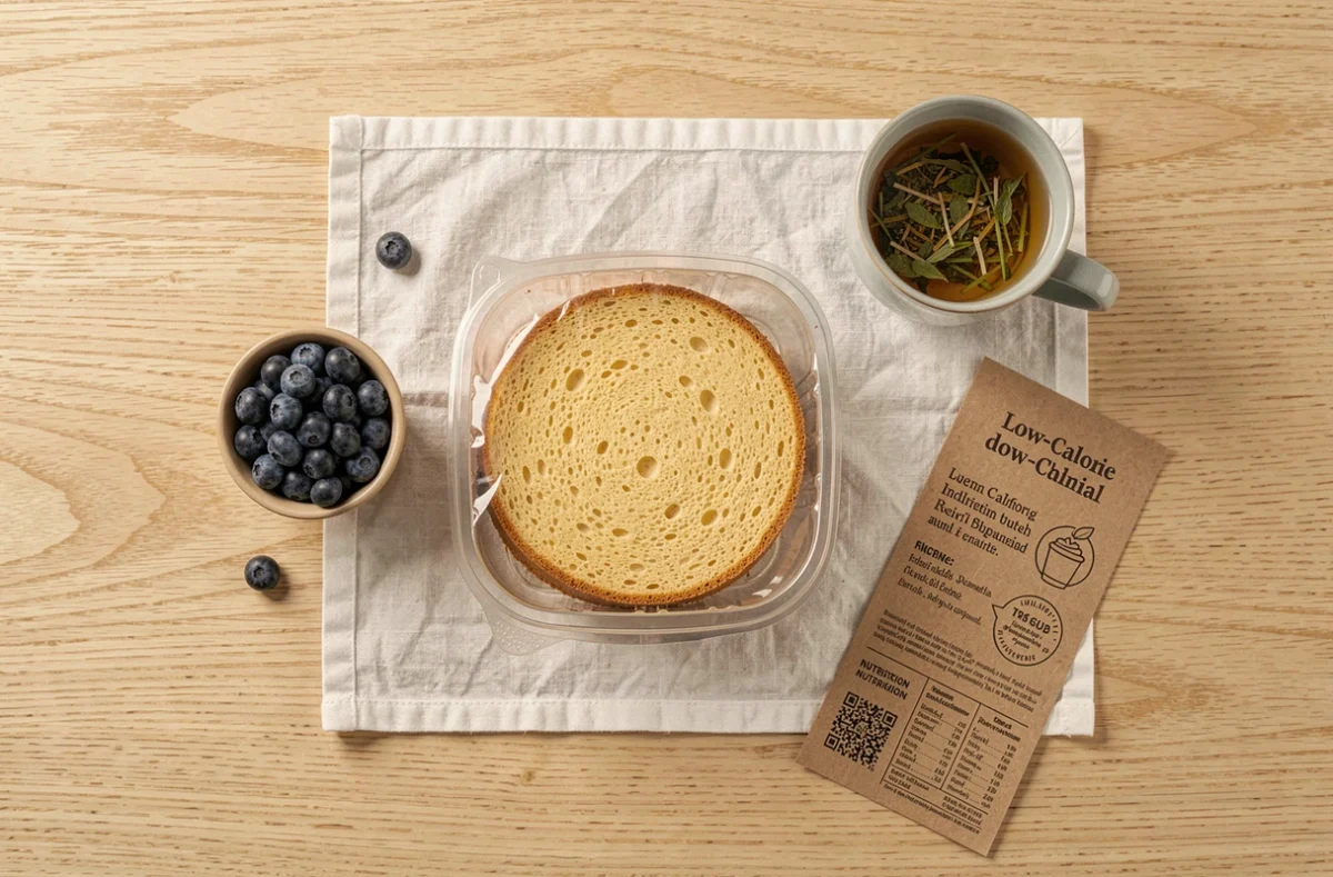Vue de dessus d'un gâteau industriel peu calorique entouré de myrtilles fraîches et d'une tasse de tisane sur une table en bois