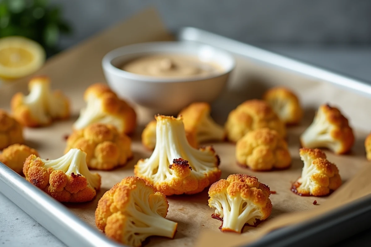 Gros plan sur des fleurettes de chou-fleur caramélisées au four servies avec une sauce tahini