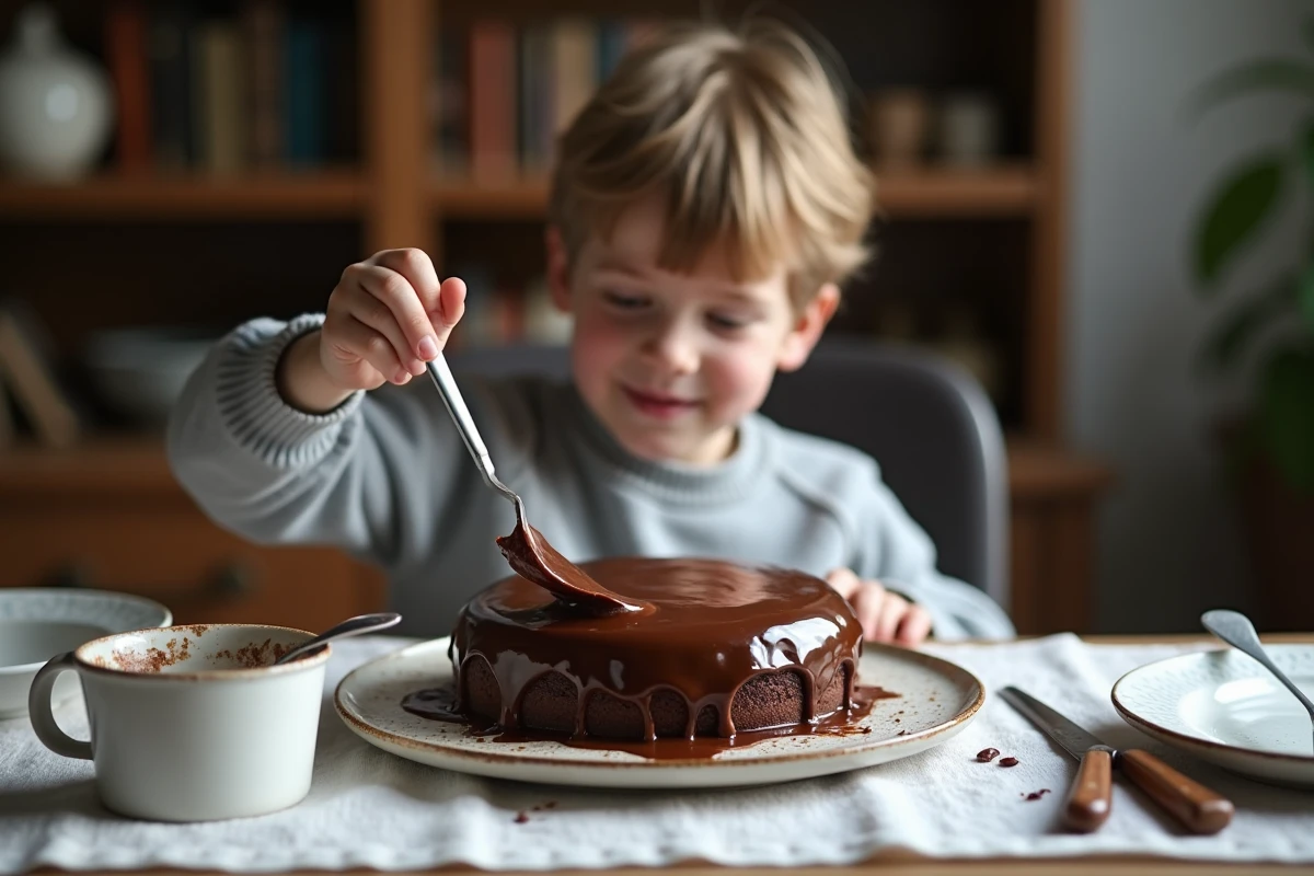 Jeune garçon appliquant le glaçage sur gâteau au chocolat