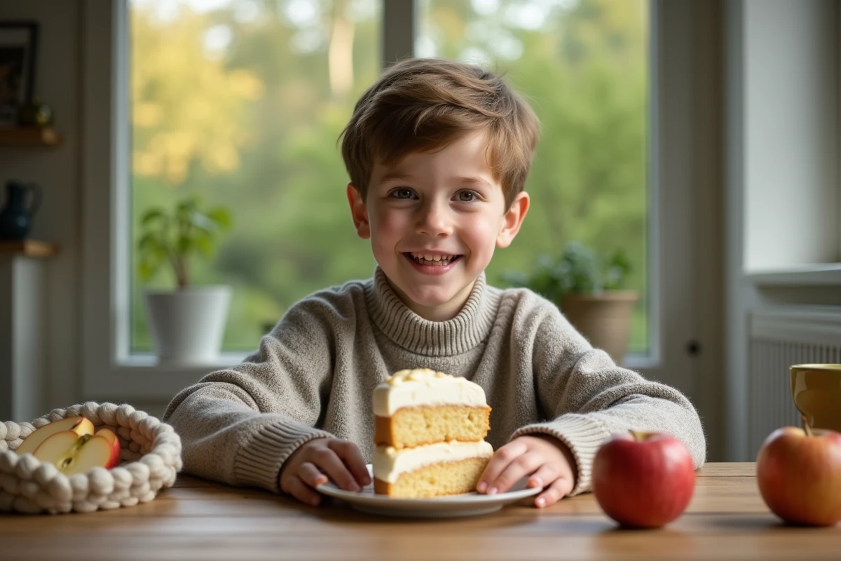 Garçon de 10 ans avec part de gâteau pomme yogourt