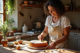 Femme espagnole découpant un gâteau sans gluten aux amandes sur une table en bois rustique dans une cuisine andalouse traditionnelle