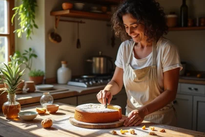 Femme espagnole découpant un gâteau sans gluten aux amandes sur une table en bois rustique dans une cuisine andalouse traditionnelle