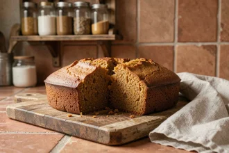Gâteau à la patate douce moelleux coupé en tranches sur une planche en bois rustique dans une cuisine chaleureuse