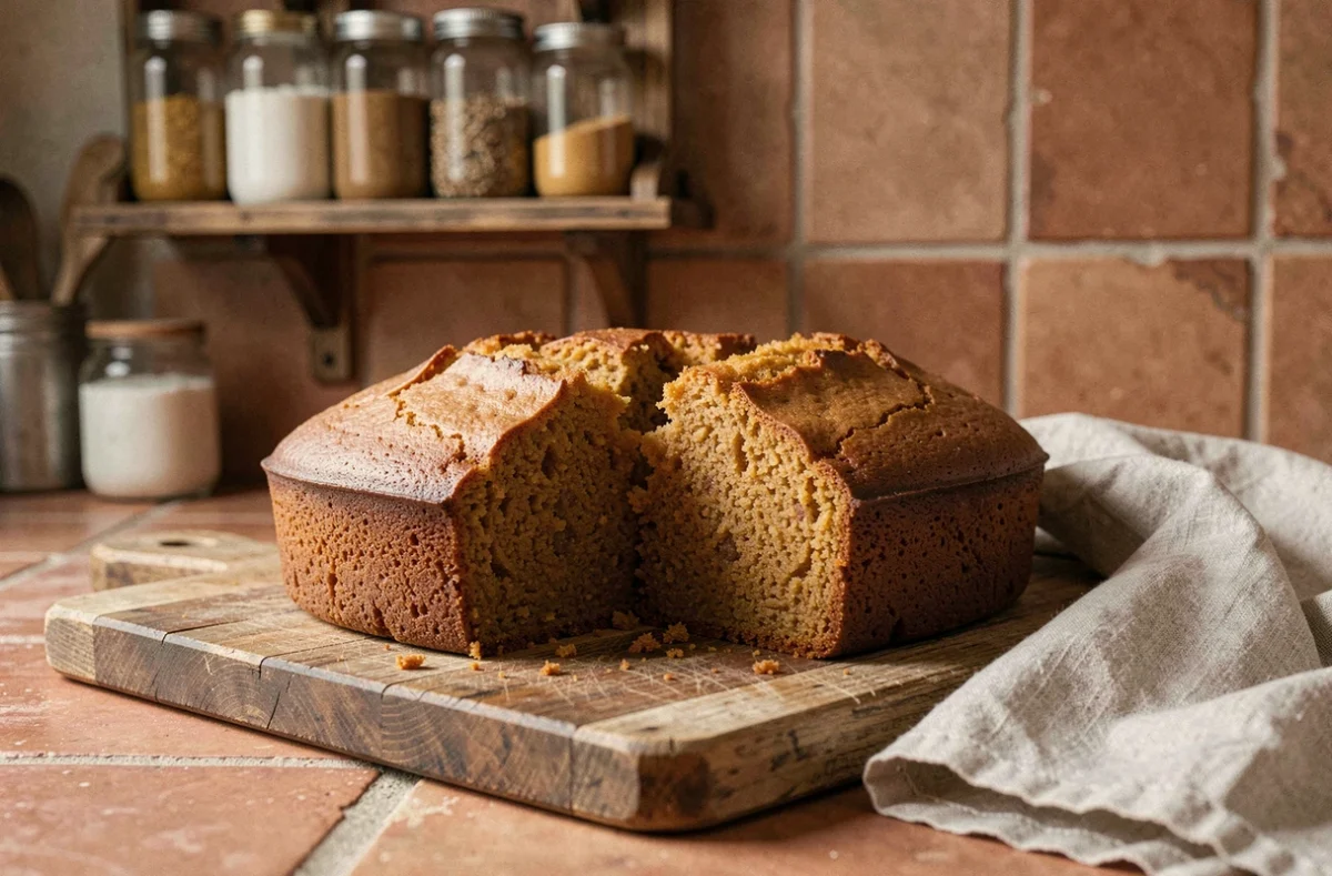 Gâteau à la patate douce moelleux coupé en tranches sur une planche en bois rustique dans une cuisine chaleureuse
