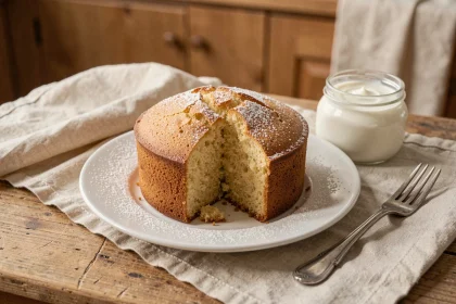 Gâteau au yaourt moelleux sur une table en bois rustique, saupoudré de sucre glace avec un pot de yaourt nature à côté