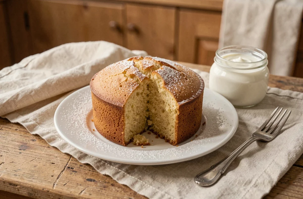 Gâteau au yaourt moelleux sur une table en bois rustique, saupoudré de sucre glace avec un pot de yaourt nature à côté