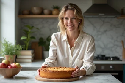 Femme souriante avec g&acirc;teau pomme yogourt dans la cuisine