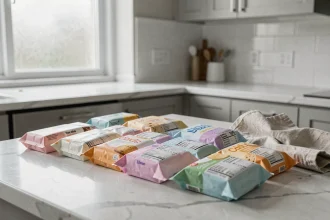 Assortiment de gâteaux peu caloriques industriels emballés disposés sur un comptoir en marbre dans une cuisine moderne