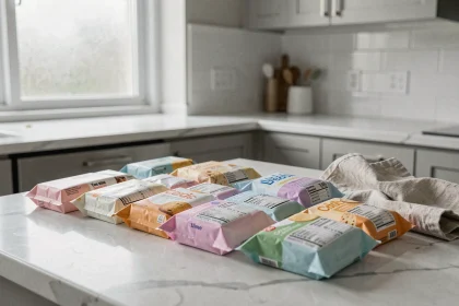 Assortiment de gâteaux peu caloriques industriels emballés disposés sur un comptoir en marbre dans une cuisine moderne