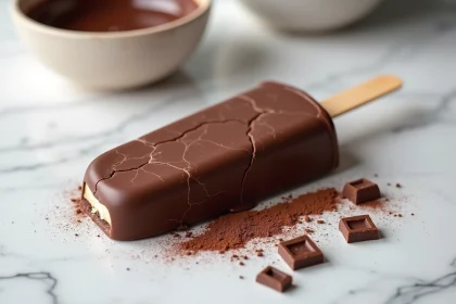 Glace maison façon Magnum avec enrobage chocolat craquant posée sur marbre blanc, vue de dessus en macro
