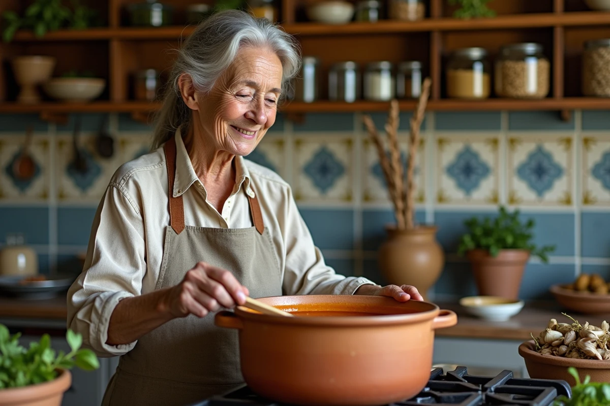 Grand-mère provençale préparant la soupe au pistou traditionnelle dans une cuisine rustique avec carreaux en céramique peints à la main