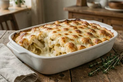 Gratin de chou-fleur et pommes de terre doré et gratiné dans un plat en céramique blanche posé sur une table en bois rustique