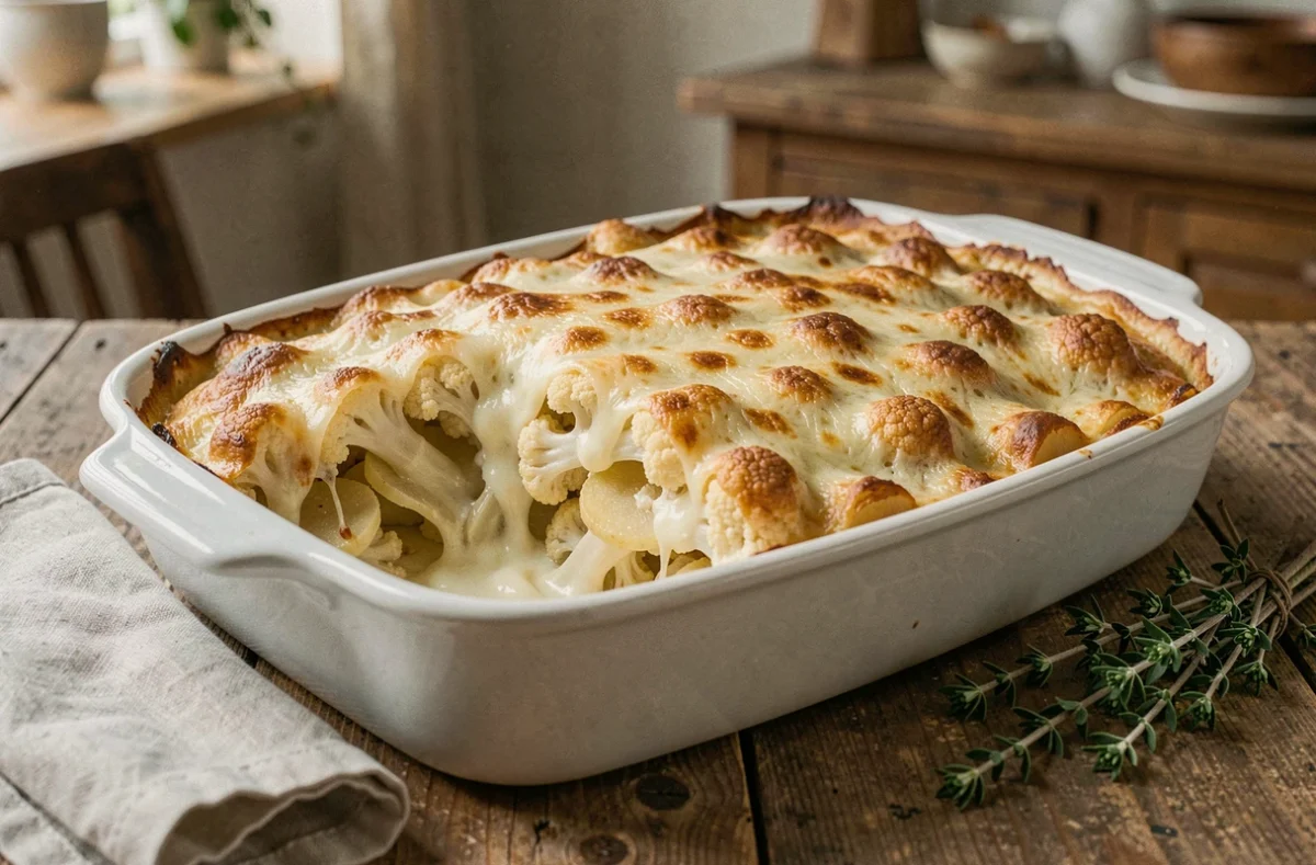 Gratin de chou-fleur et pommes de terre doré et gratiné dans un plat en céramique blanche posé sur une table en bois rustique