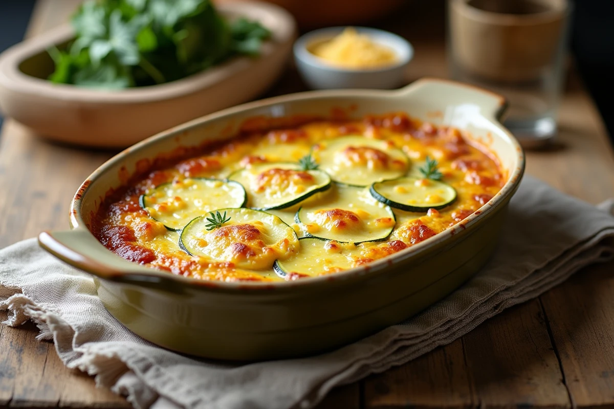 Gratin de courgettes léger au fromage doré sorti du four dans un plat en céramique rustique, vue de dessus sur table en bois