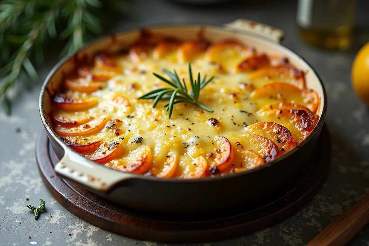 Gratin de pommes de terre au citron et au gruyère sorti du four dans un plat à gratin