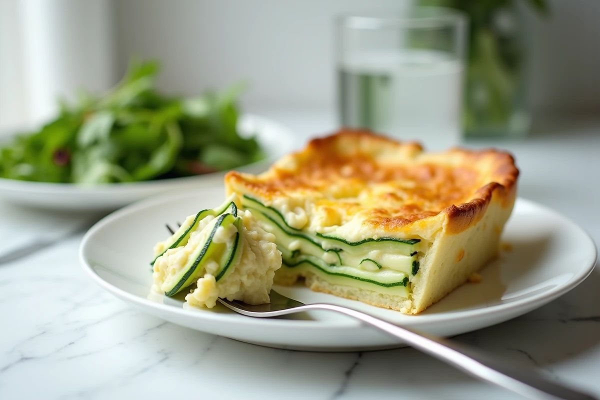 Gros plan sur une portion de gratin de courgettes léger en coupe transversale révélant les couches de légumes et fromage fondant sur assiette blanche