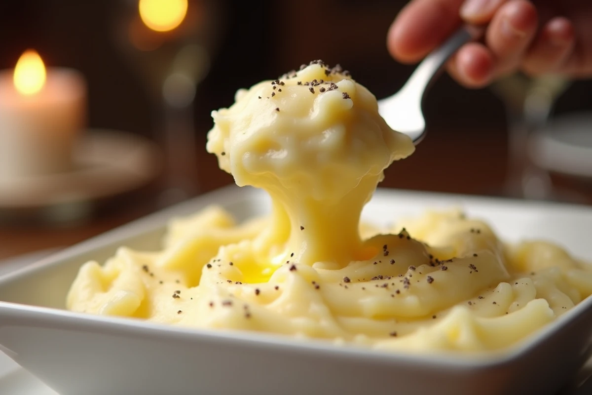 Gros plan d'une cuillère de purée de pommes de terre crémeuse et beurrée servie dans un plat en porcelaine blanche