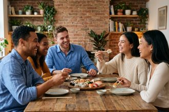 Groupe d'amis divers d&eacute;gustant des sushis dans un appartement moderne