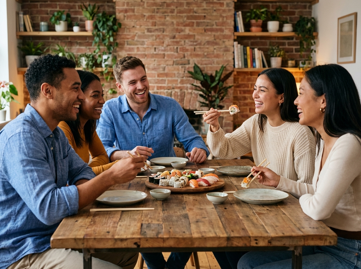 Groupe d'amis divers dégustant des sushis dans un appartement moderne