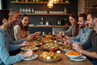 Groupe d'amis riant autour d'une table de tapas conviviale
