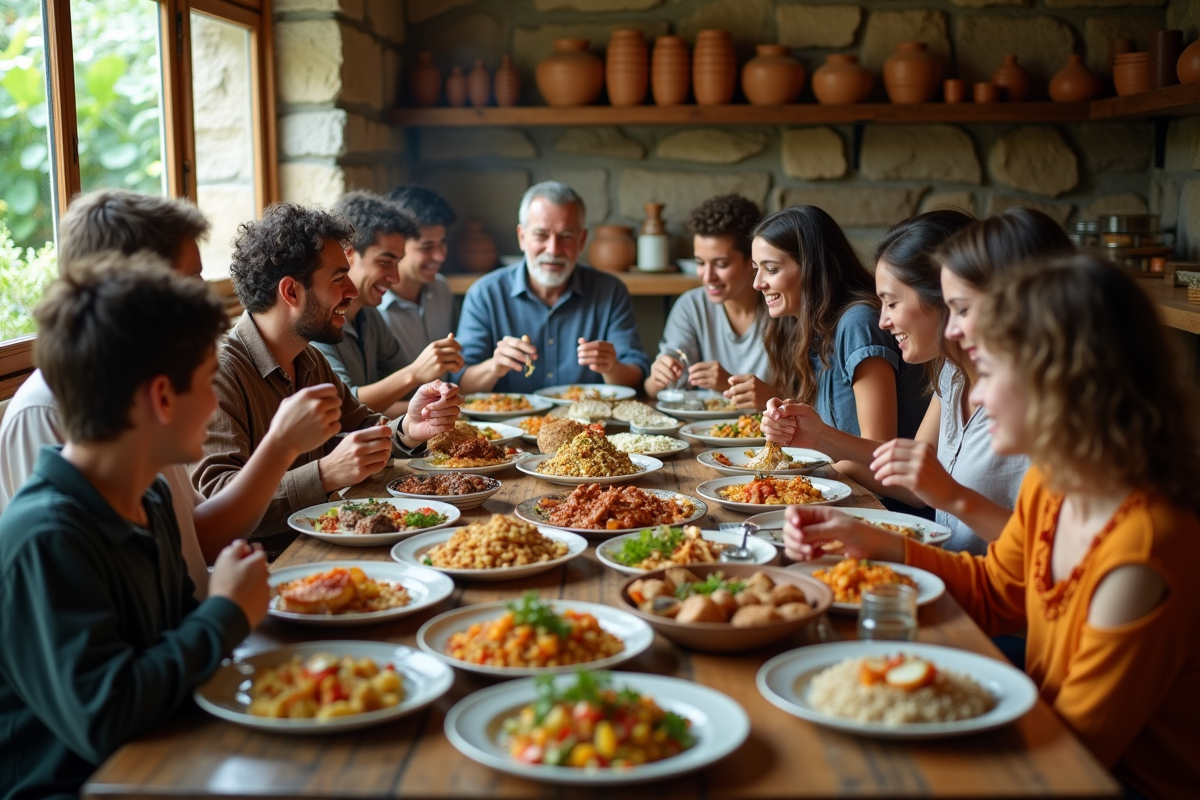 Groupe partageant des plats régionaux en convivialite
