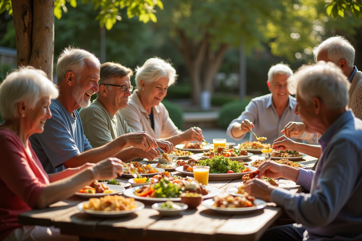 Groupe divers partageant un repas en plein air dans un jardin