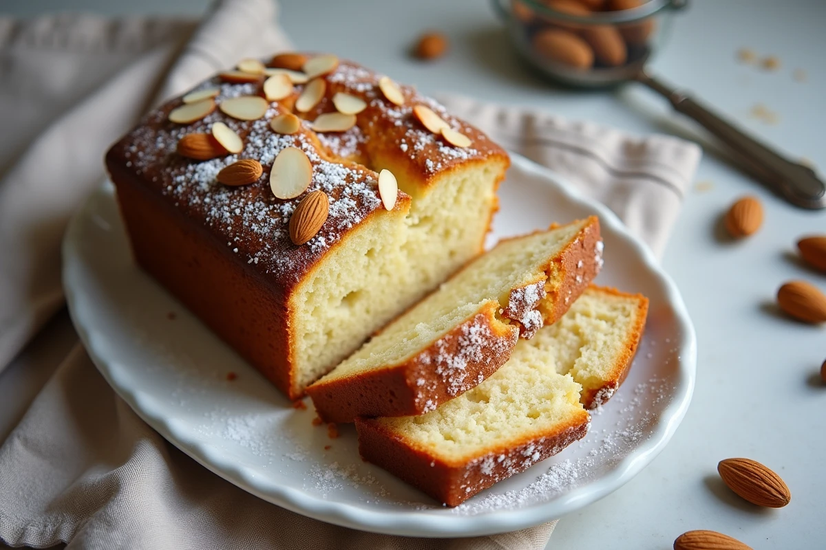 Gâteau aux amandes tranché avec amandes grillées et sucre glace