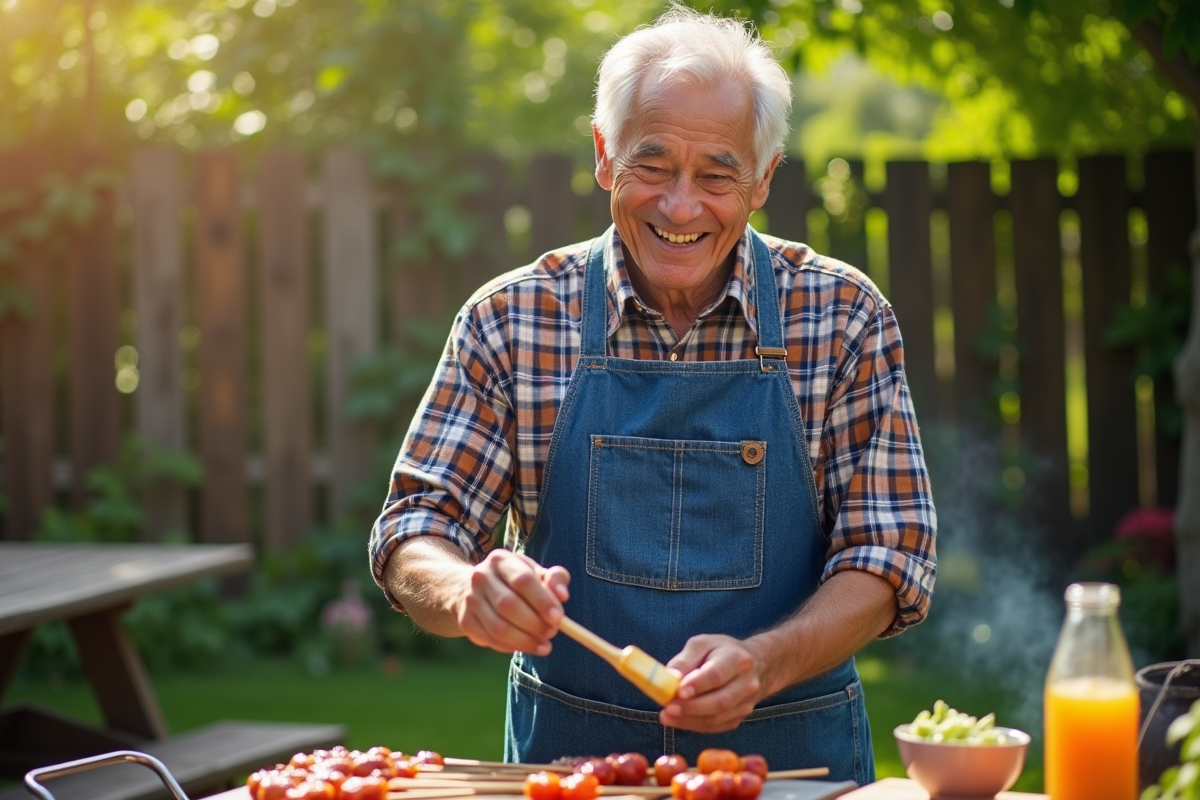 Homme en tablier en plein air près du barbecue dans le jardin
