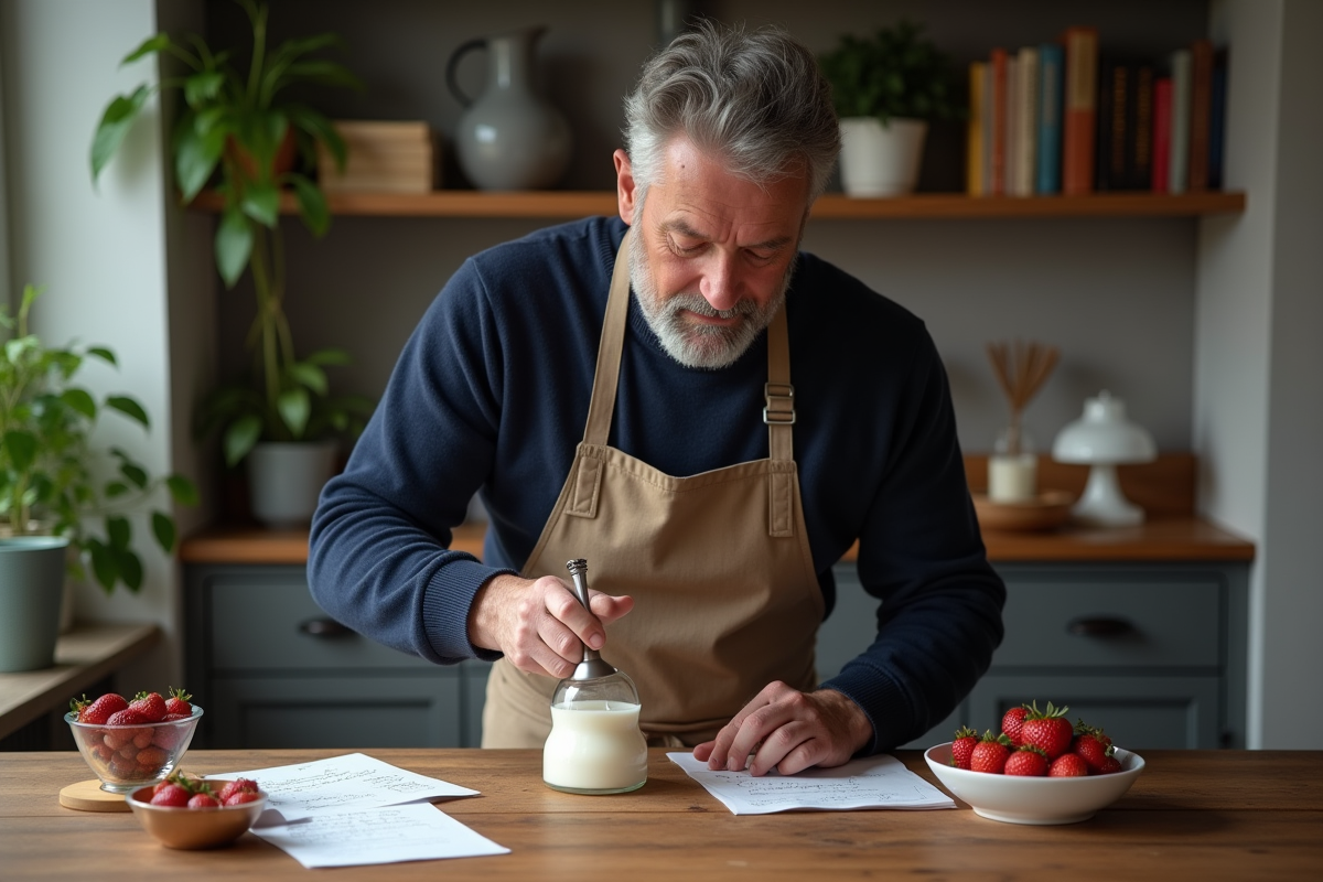 Homme préparant chantilly à la maison avec notes de recette