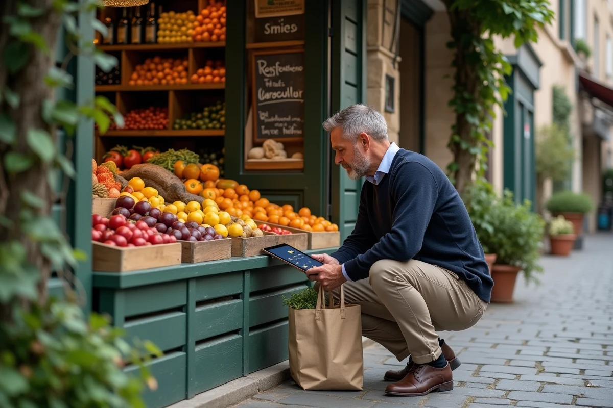 Homme comparant les avis en ligne sur une tablette devant un étal de fruits et légumes de quartier