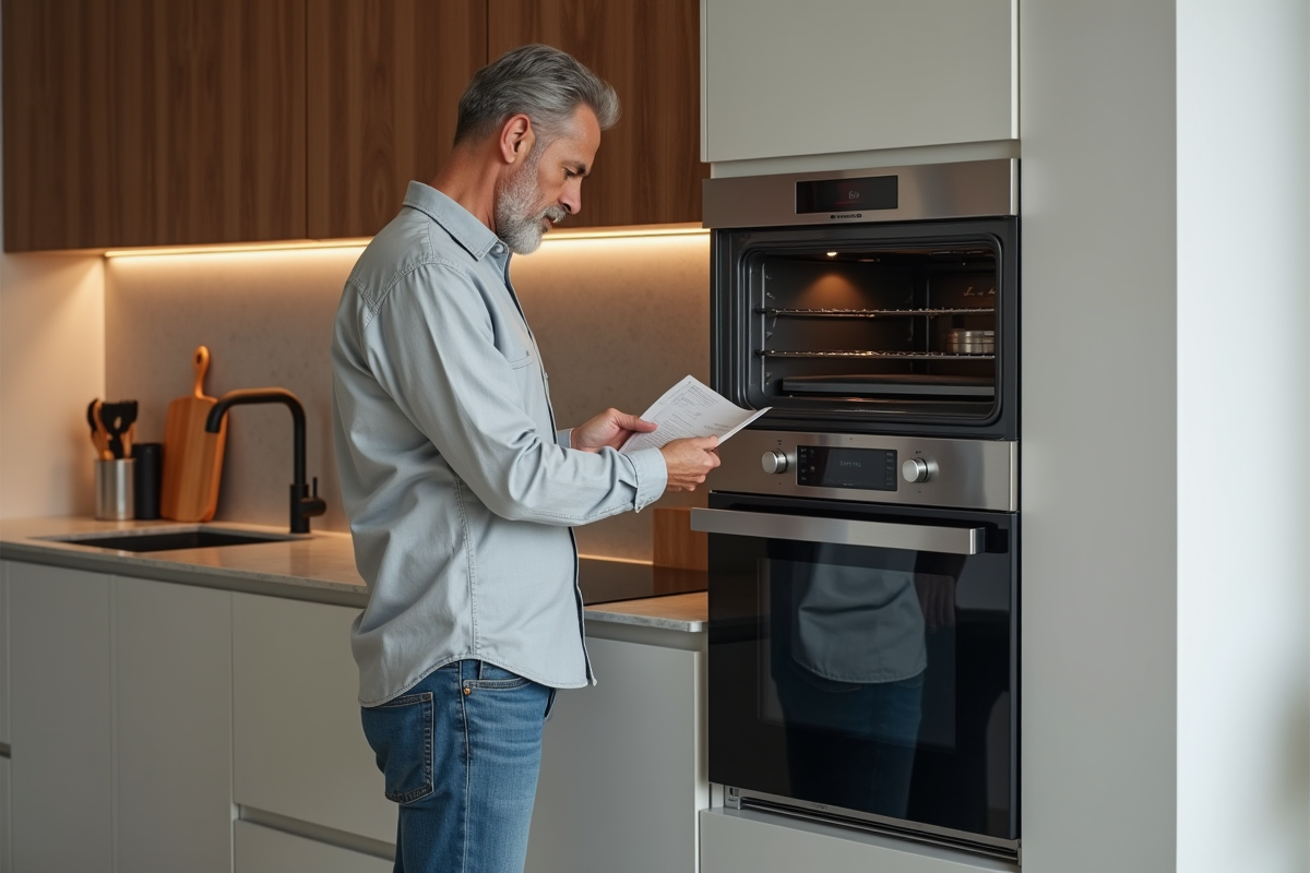 Homme réfléchissant à l'installation d'un four vapeur dans une cuisine moderne