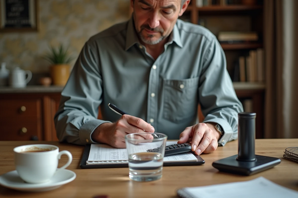 Homme convertit des mesures avec un carnet et un verre