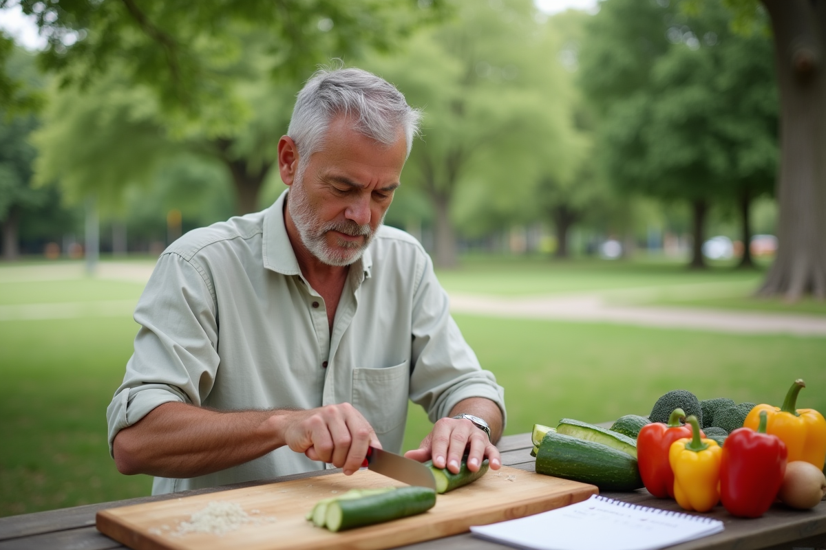 Homme coupant légumes au pique-nique dans un parc