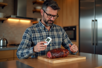 Homme vérifiant la cuisson d'une viande avec un thermomètre