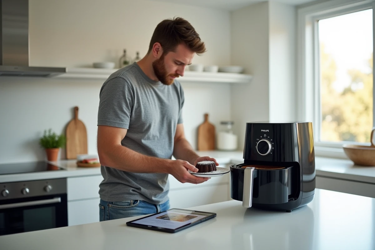 Homme sortant un fondant au chocolat d'une airfryer Philips dans une cuisine moderne avec tablette affichant une recette de dessert
